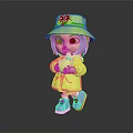 Cute Child With Purple Hair Yellow Bucket Hat Black Eye Design Yellow Coat Purple Shoes