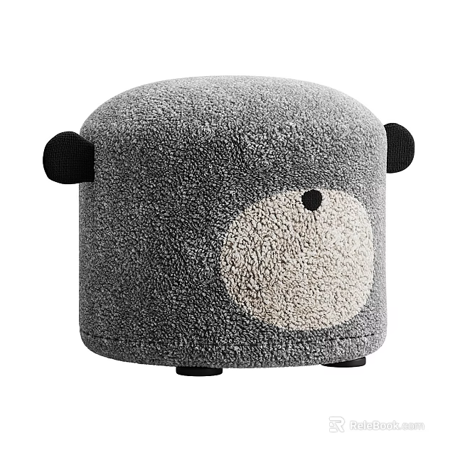 Cute Round Gray Plush Ottoman With Bear Face Design And Black Ears 3d model 