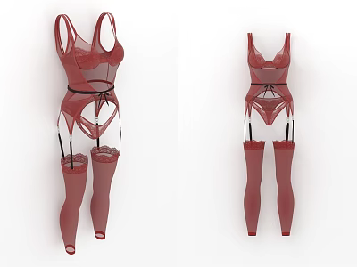 Red Sheer Lingerie Set with Garter Belt and Stockings Sexy Fitted Design 3d model