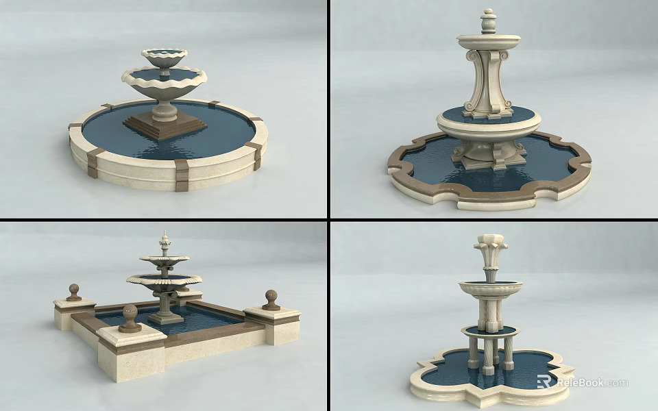 Decorative Garden Ornaments Featuring Stone Fountains With Tiered Designs And Different Base Shapes 3d model 