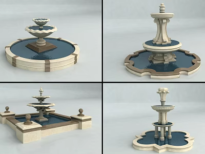 Decorative Garden Ornaments Featuring Stone Fountains With Tiered Designs And Different Base Shapes 3d model