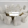 Elegant Round Dining Table Set with White Tablecloth Gold Trim and Chairs 3d model