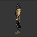 Game Character With Blue Hair Scarf Yellow Vest Wrist Guards Gray Pants And Boots