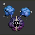 Game Movie Character With Blue Cloud Like Structures Purple Base Black Eyes And White Bubbles
