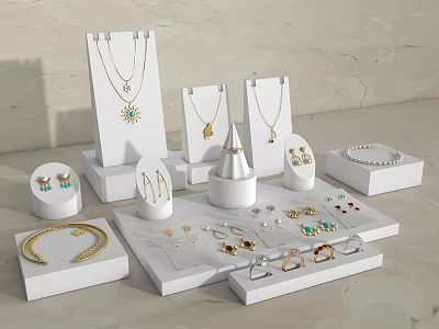 Modern White Jewelry Display Shelves Showcasing Necklaces Earrings Bracelets And Rings 3d model