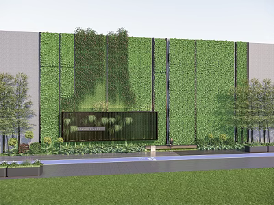 Lush Outdoor Vertical Green Plant Wall Design With Lawn And Trees 3d model