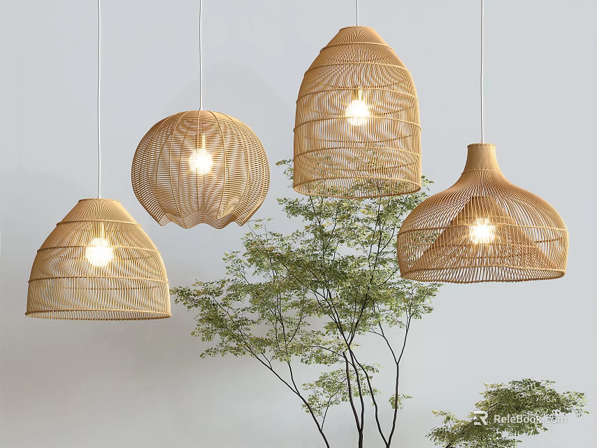 Woven Pendant Lights in Different Shapes with Green Plant and Light Background Wall 3d model 