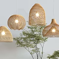 Woven Pendant Lights in Different Shapes with Green Plant and Light Background Wall