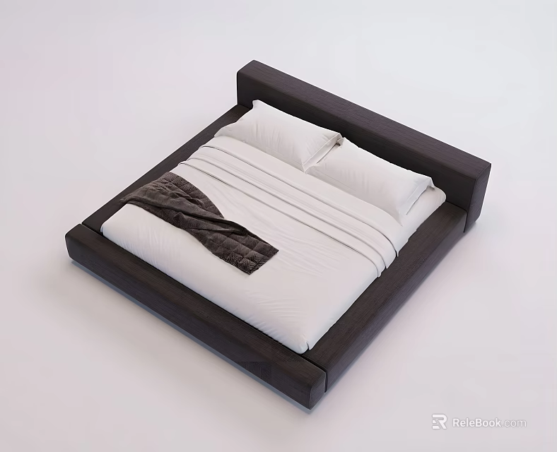 Modern Minimalist Double Bed With Dark Frame White Sheets And Brown Blanket 3d model 
