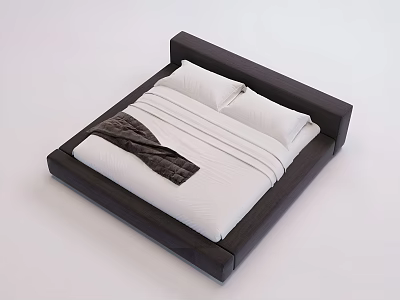 Modern Minimalist Double Bed With Dark Frame White Sheets And Brown Blanket 3d model