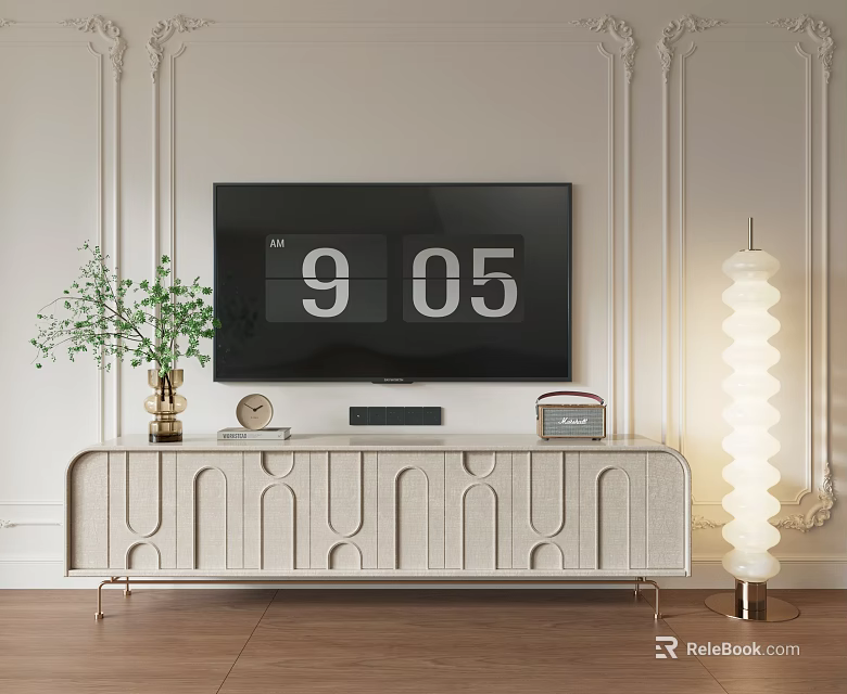 Elegant Modern TV Stand With Wall Mounted TV Decorative Plant And Spiral Floor Lamp 3d model 