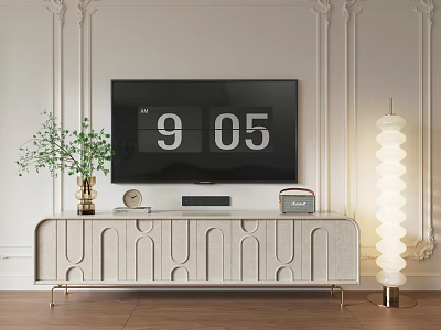 Elegant Modern TV Stand With Wall Mounted TV Decorative Plant And Spiral Floor Lamp 3d model
