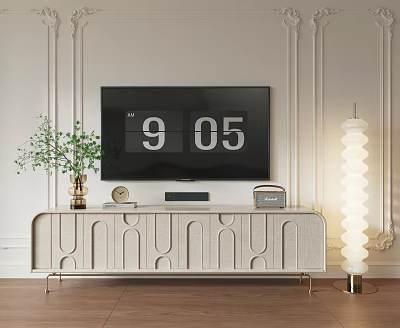 Elegant Modern TV Stand With Wall Mounted TV Decorative Plant And Spiral Floor Lamp 3d model