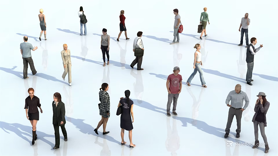 Diverse People Walking In Bright Open Space With Different Outfits And Shadows 3d model 
