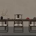 Traditional Chinese Wooden Dining Table Set with Four Chairs Vase and Fruits