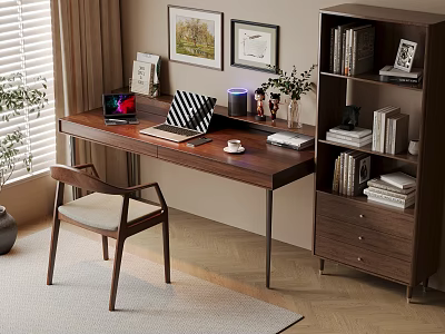 Quiet Ancient Style Desk and Chair Solid Wood Computer Desk and Chair Solid Wood Single Chair Writing Desk Bookcase Study Desk and Chair Office Desk and Chair Finished Desk Computer Decoration Combination 3d model