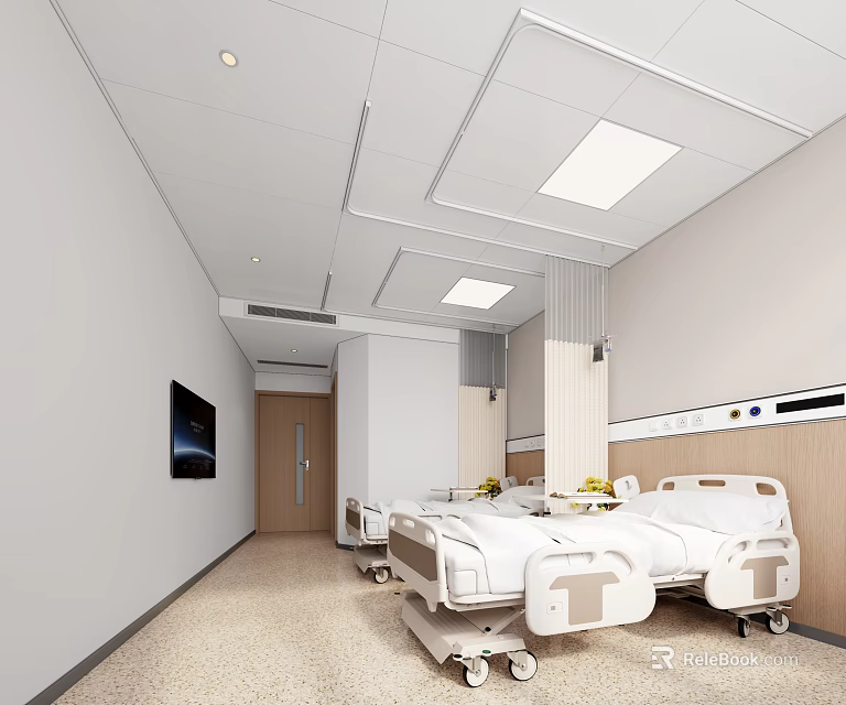 Hospital Ward Interior With Two Medical Beds White Walls And Wooden Accents 3d model 