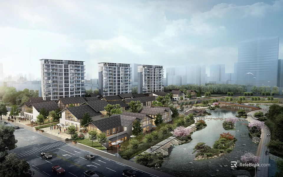 Aerial Planning of Residential Community with High Low rise Buildings River Greenery Roads and Vehicles 3d model 
