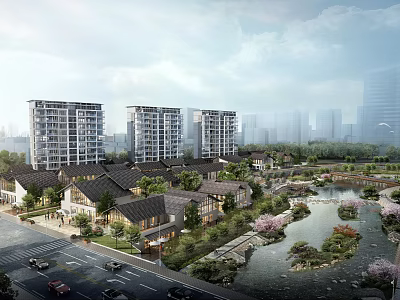 Aerial Planning of Residential Community with High Low rise Buildings River Greenery Roads and Vehicles 3d model