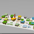Green Plants in Colorful Miniature Urban Park Model with Trees Lawns Buildings and Water Pool