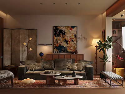 Modern Living Room Interior With Grey Sofa Abstract Painting Wooden Screen And Floor Lamp 3d model