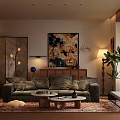 Modern Living Room Interior With Grey Sofa Abstract Painting Wooden Screen And Floor Lamp