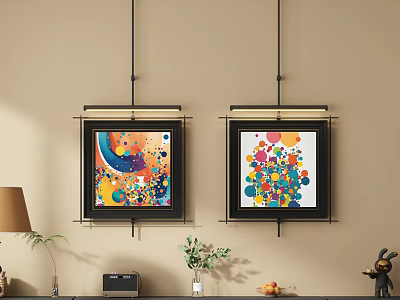 Two Vibrant Abstract Paintings With Colorful Circular Spots As Wall Art In Home Interior 3d model