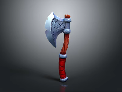 Medieval Battle Axe With Intricate Carvings On Metal Blade And Red Wooden Handle 3d model