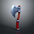 Medieval Battle Axe With Intricate Carvings On Metal Blade And Red Wooden Handle