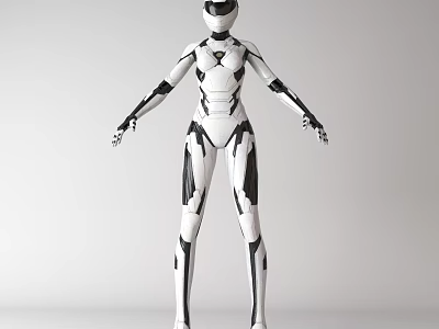 Futuristic Robot Doll with White and Black Armor Helmet and Standing Pose 3d model
