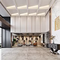Modern Hotel Lobby Interior With Ceiling Lighting Marble Reception Desk And Large Glass Windows