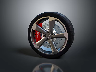 Sporty Car Wheel Rim Design Featuring Silver Alloy Spokes Black Tire And Red Brake Caliper 3d model
