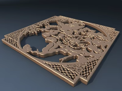 Intricate Carved Square Panel With Dragon Motifs Openwork And Geometric Border 3d model