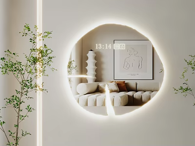 Round Lighted Mirror Reflecting Modern Living Room Sofa Artwork And Plants 3d model