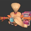 Anthropomorphic Cartoon Character Creature With Curly Hair Blue Overalls Pink Shoes And Holding Tag