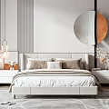 Modern Double Bed with Upholstered Headboard Neutral Pillows in Bright Bedroom City View and Nightstands