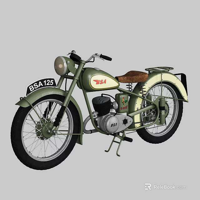 Green And Cream Vintage BSA 125 Motorcycle With Brown Leather Seat Headlight And Classic Engine 3d model 