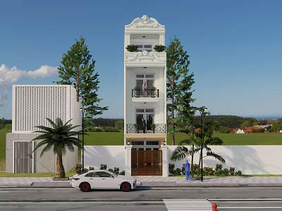 Elegant White Detached Villa With Balconies Palm Trees And Front Lawn 3d model