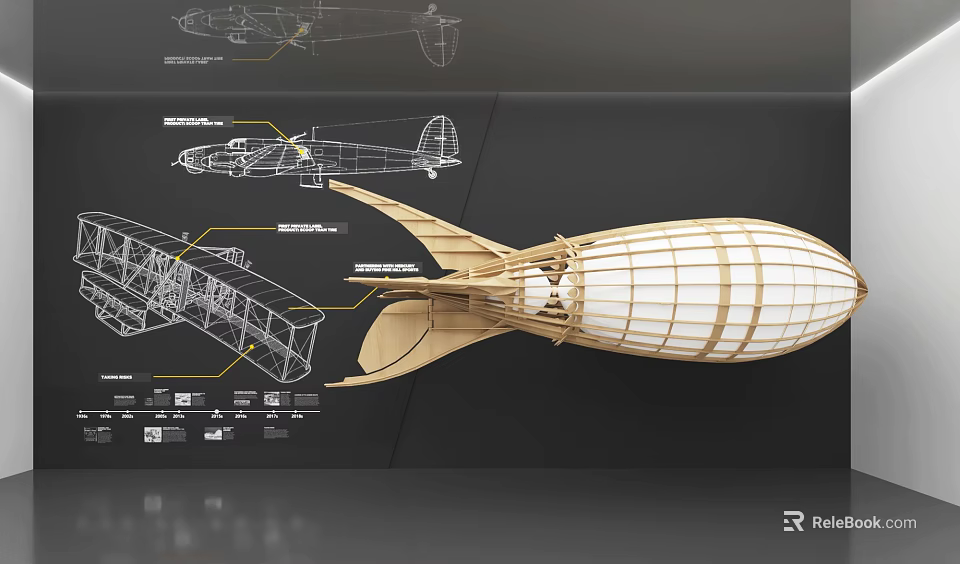 Exhibition Hall Showcasing Airship Models And Technical Blueprint Drawings 3d model