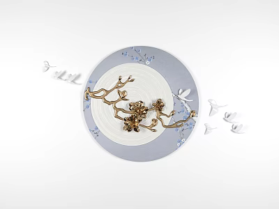 Circular Gray And White Wall Decor With Golden Branches Flowers And Birds 3d model