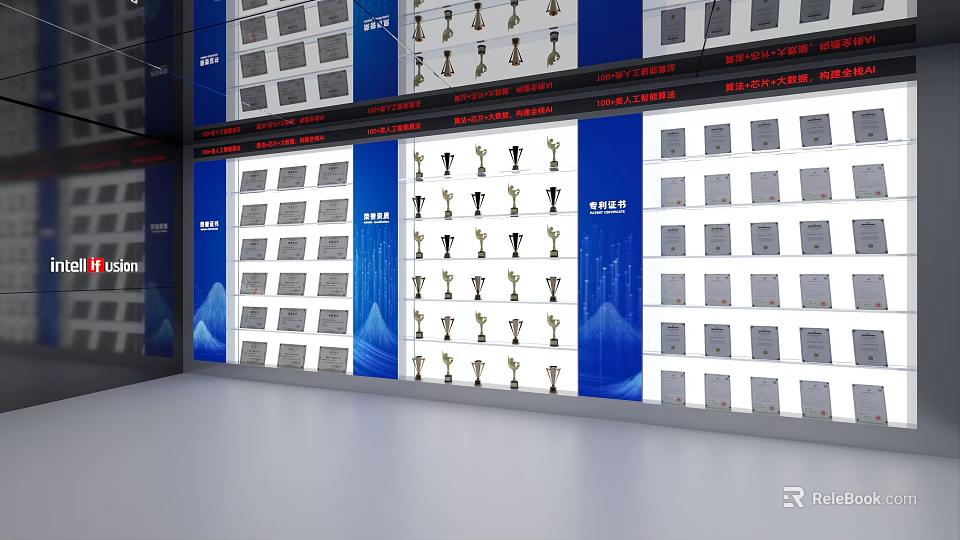 Modern Trophy Display Wall With Blue Background And Exhibition Boards 3d model