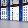 Modern Trophy Display Wall With Blue Background And Exhibition Boards 3d model