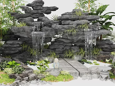 Natural Rockery Stones In Garden With Cascading Waterfall Lush Green Plants And Bamboo 3d model