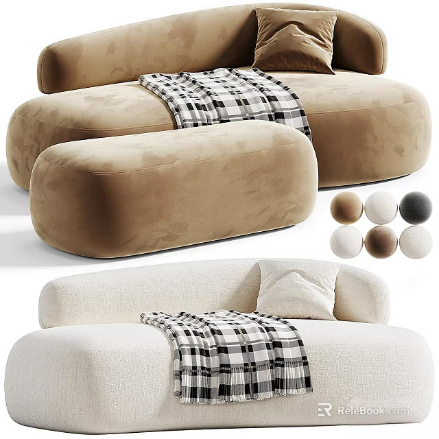 Two Seater Sofa in Beige White with Plaid Blanket and Soft Velvet Fabric 3d model 