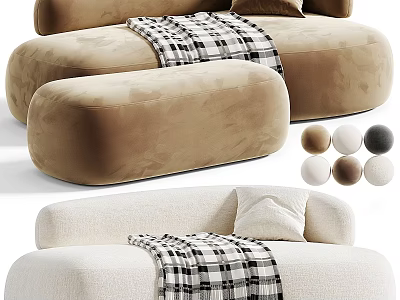 Two Seater Sofa in Beige White with Plaid Blanket and Soft Velvet Fabric 3d model