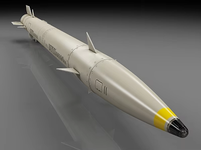 Tomahawk Missile Military Weapon With Yellow Tip Tail Fins And Cylindrical Body 3d model