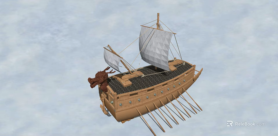 Ancient Ship With Dragon Head Design White Sails And Wooden Oars 3d model 
