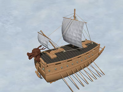 Ancient Ship With Dragon Head Design White Sails And Wooden Oars 3d model