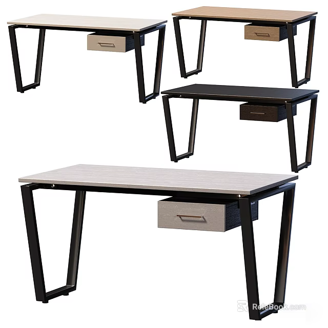 Modern Home Office Desk With Wooden Top Metal Legs And Drawer Storage 3d model 