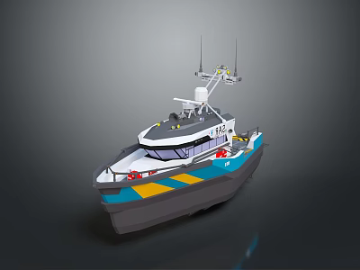 Modern Marine Patrol Boat With Blue Yellow Stripes Antennas And Cab On Deck 3d model